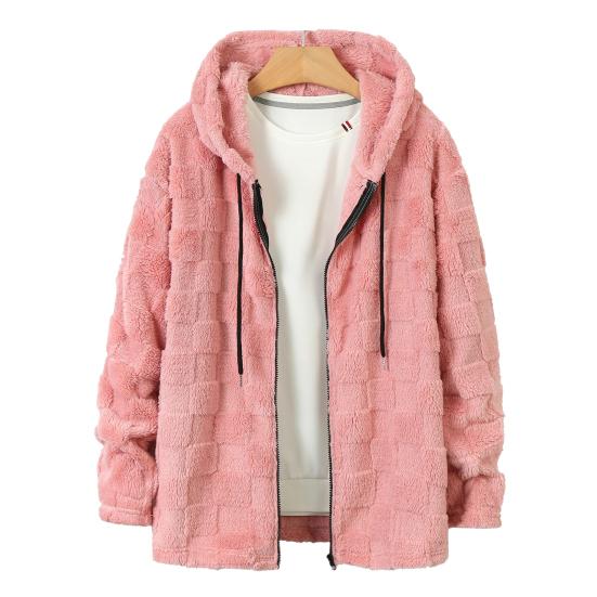 Men Plush Hooded Jacket Fuzzy Full-Zip Casual Hoodie Solid Color Checkered Warm Winter Coat for Street School Party Wear