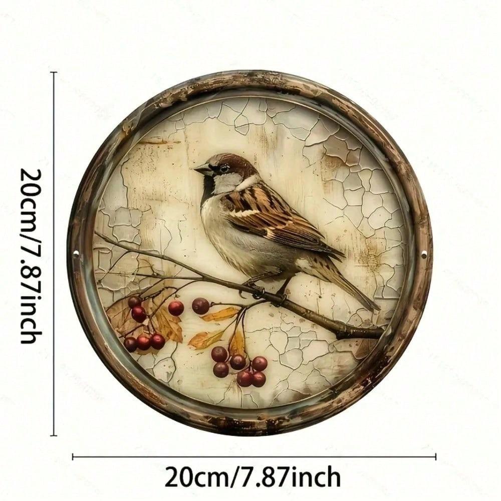 Vintage Cherry Blossom Bird Metal Round Tin Sign, Retro Aluminum Wall Art Kitchen Home Decor