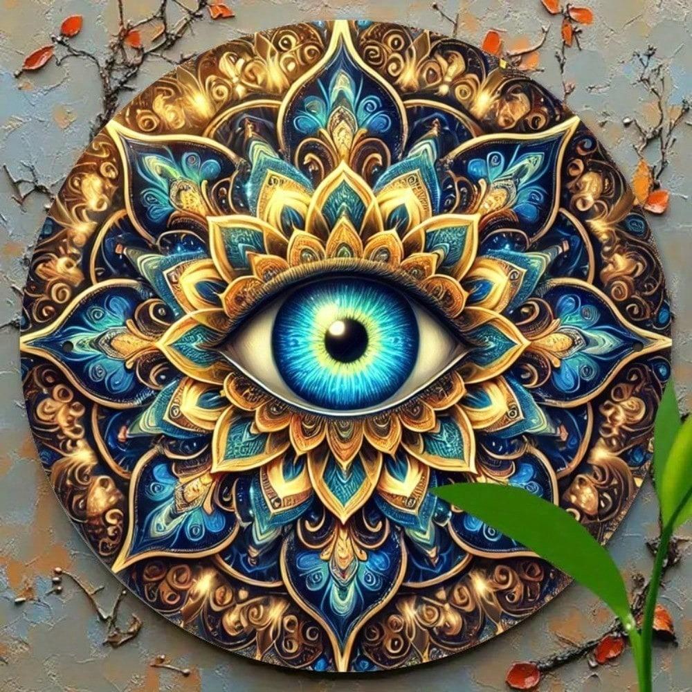 Vintage Mandala Metal Wall Art Retro Farmhouse Round Iron Sign With Eye Design 7.87 Inch Home Decor
