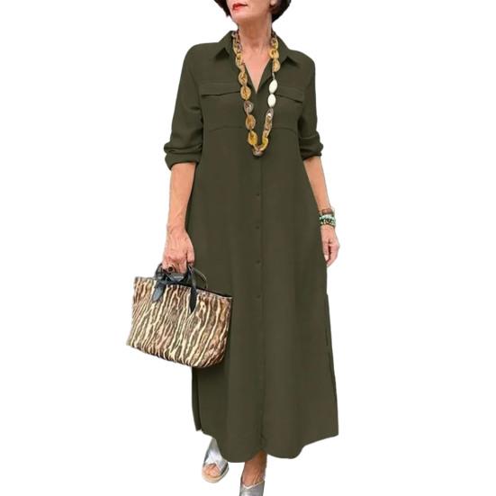 Women Dress Turn-down Collar Loose Solid Color Long Sleeve Single-breasted A-line Chest Pocket Soft Breathable Ankle Length Spring Fall Maxi Dress
