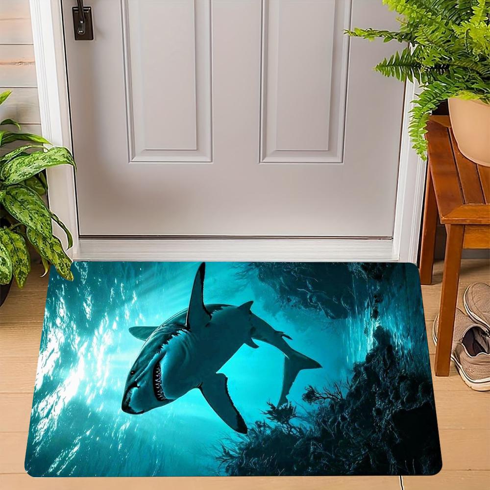 Realistic Shark Pattern Door Mat Fierce Shark Designs Underwater Scene Different Expressions Floor Mat for Home Entrance Decor