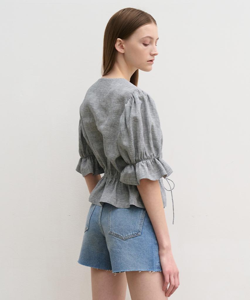 Hiloin Linen Blend Shirred Waist Blouse (Gray)