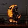 Halloween Room Accessories Witch Lamp, Gothic Crescent Moon LED Night Light, Handcrafted Resin Ornament Spooky Decorative Table Lamp for Bedroom