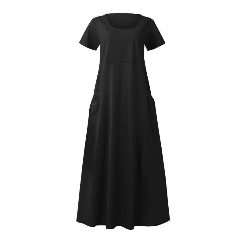 GMXIA Women's Solid Colour Cotton Linen O-Neck Short Sleeve Long Loose Pendulum Dress