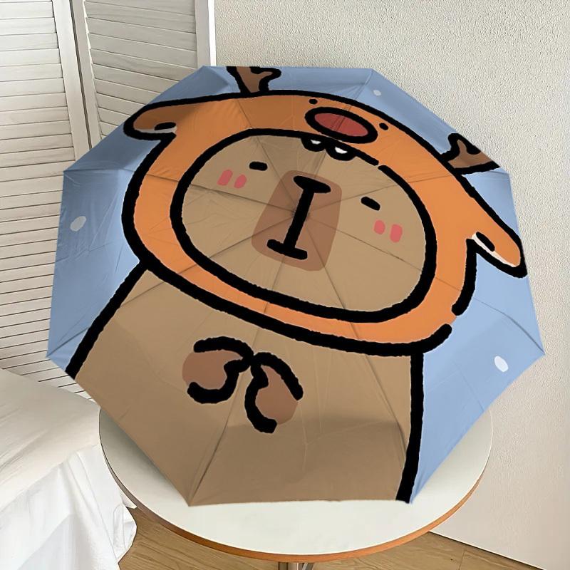 1pc Winter Cute Capybara Automatic Folding Umbrella, Portable Collapsible Design, 8-Rib Iron Frame, Outdoor Accessory Yy250905090