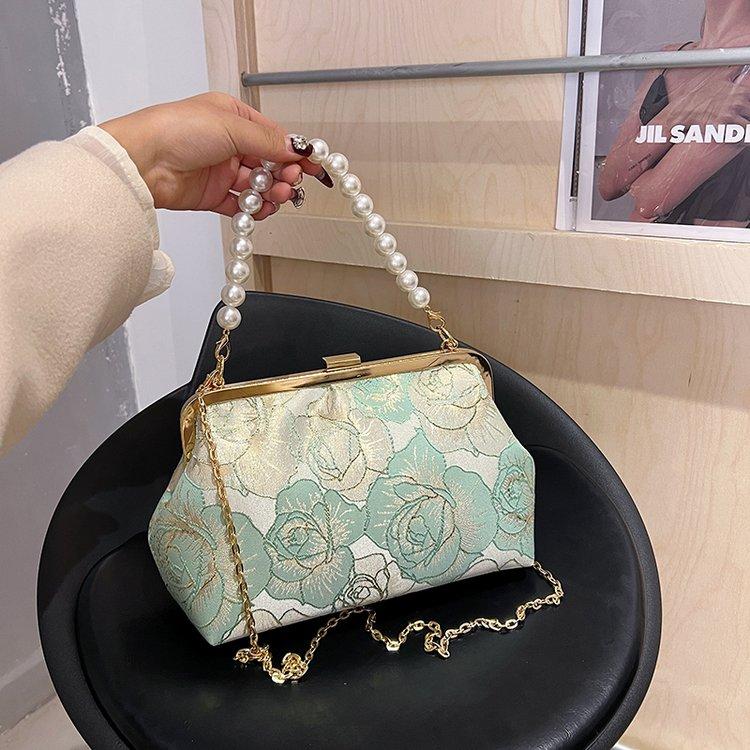 Chinese Style Pearl Chain Handbag Cheongsam Bag Embroidered Jacquard Small Bag Elegant Senior Lady Shoulder Messenger Bag