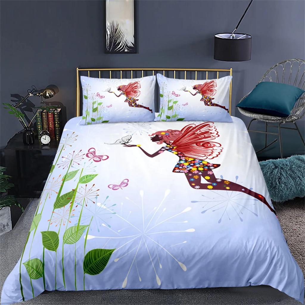 Cartoon Girly Butterfly Duvet Cover Lovely Pink Flower Fairy With Wings Romantic For Children Women Gifts For Bedroom Decoration