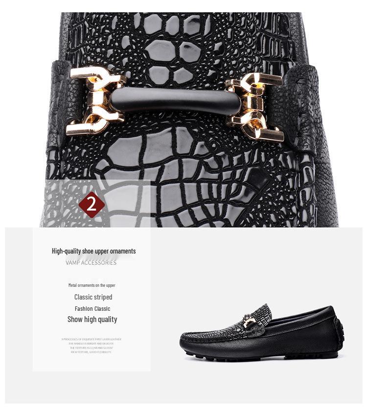 Men's Large Slip-On Leather Loafers: Crocodile Pattern Flat Sole Casual Driving Shoes