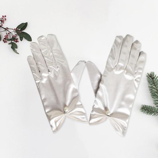 1 Pair Bride Wedding Gloves Pleated Smooth Satin Anti-slip Faux Pearl Decor Elastic Pure Color Dance Ball Banquet Cocktail Party Lady Gloves