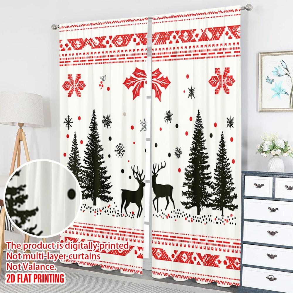 2pcs 2D Flat Printing Happy Christmas Scene Curtains Christmas Reindeer Snowflakes Trees_a Digital Printed Polyester Drapes