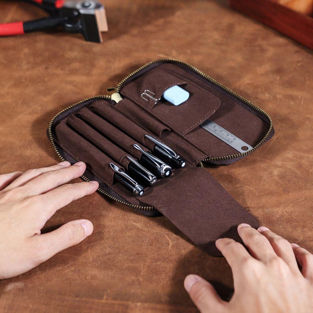 Handmade Leather Genuine Leather Pencil Case 4 Slots Design Pen Case  Office Supplies