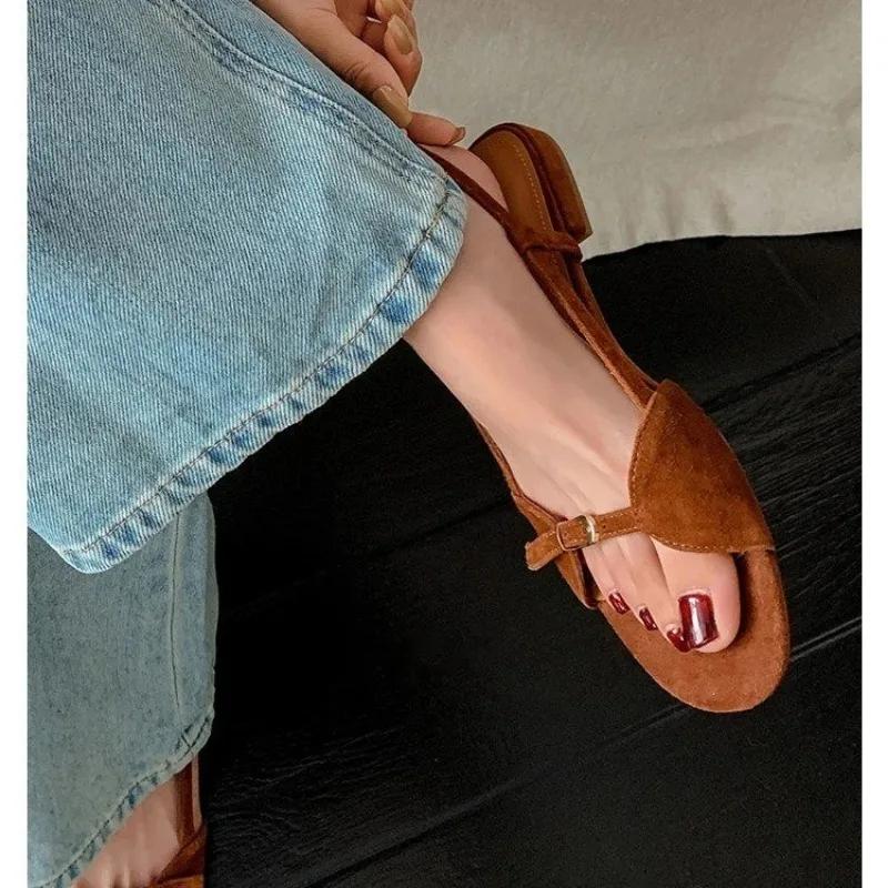 Summer Vintage Line with Flat Sandals Design Sense Open Toe Slippers Casual Holiday Beach Shoes Light Single Shoes Sandals