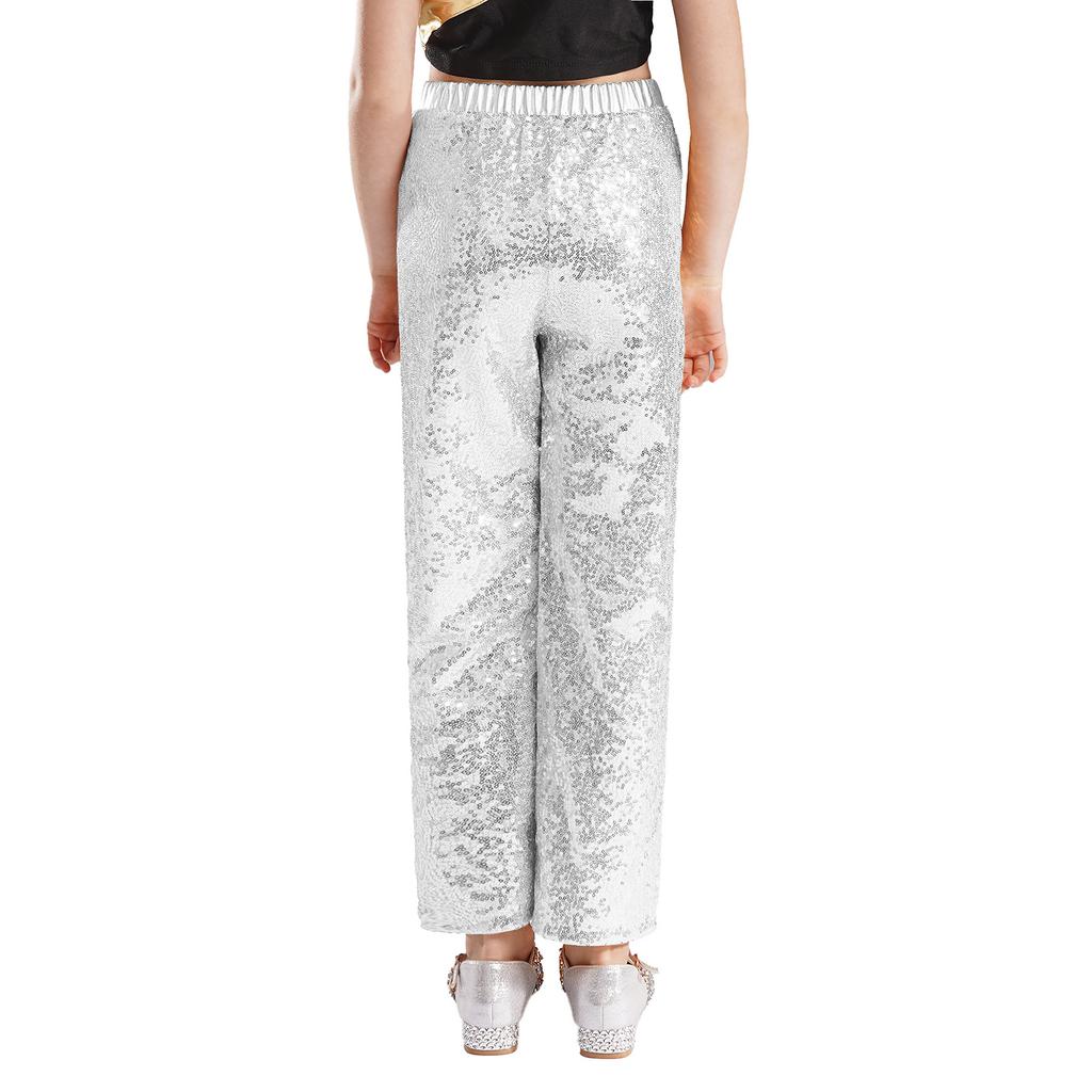 Girls Shiny Sequin Pants High Waist Elastic Waistband Loose Trousers Jazz Dance Performance Trousers