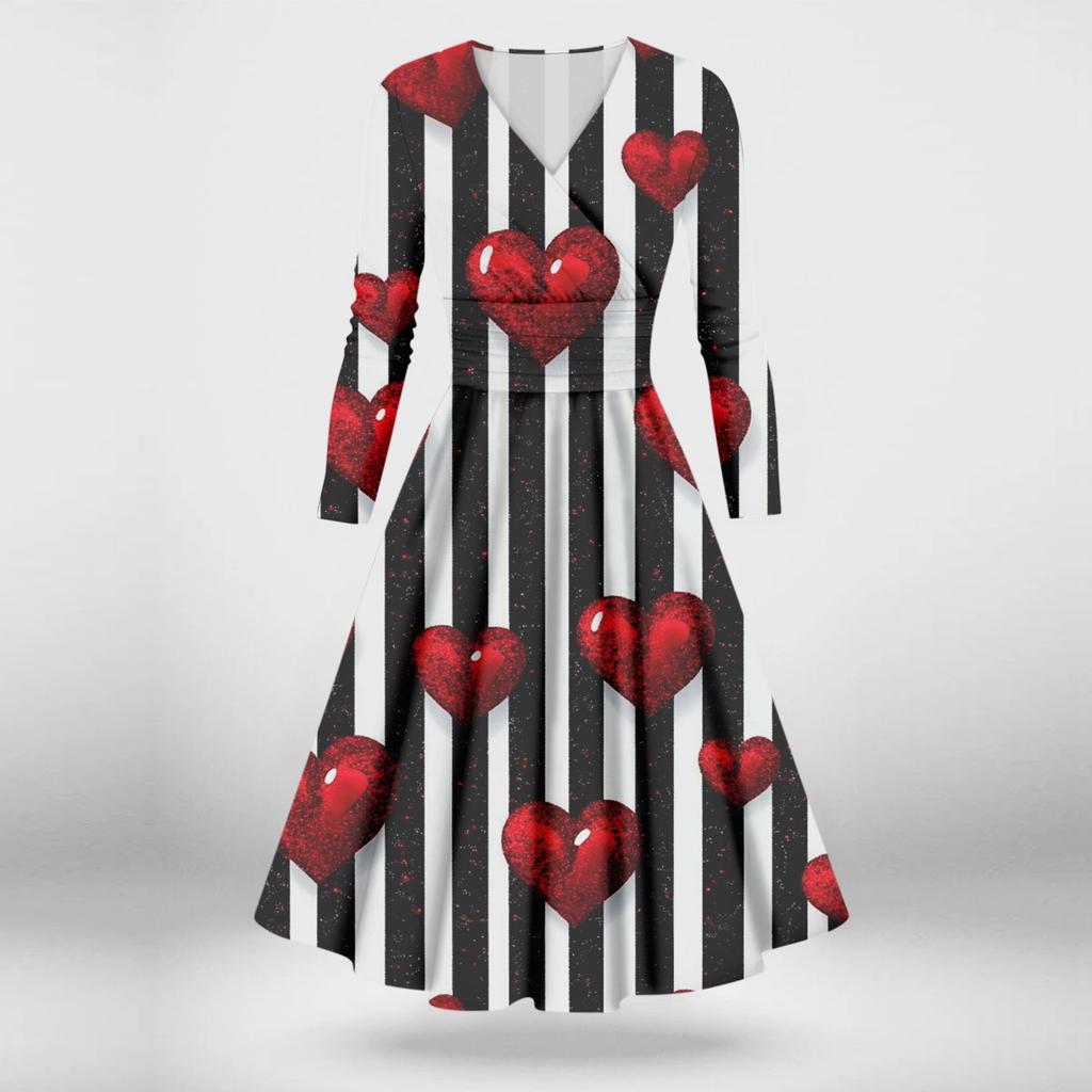 Ladies Fashion Casual Valentine's Day Print Long Sleeve V-neck Sexy Dress