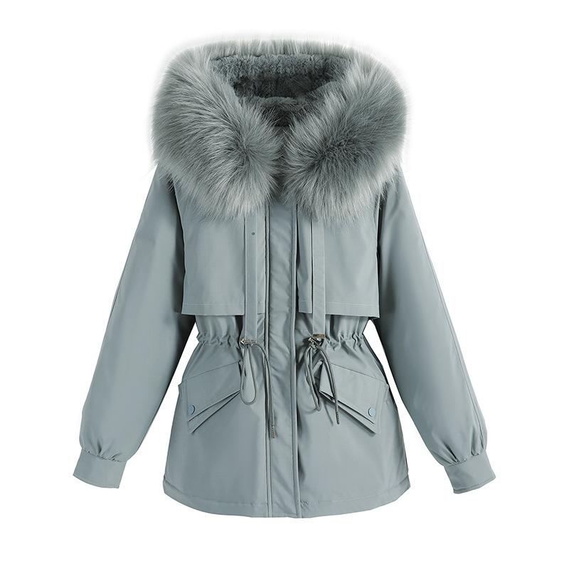 Parker Winter New Women's Cotton Jacket Mid-length Large Wool Collar Plus Velvet Cotton Jacket Cotton Jacket Thick Jacket