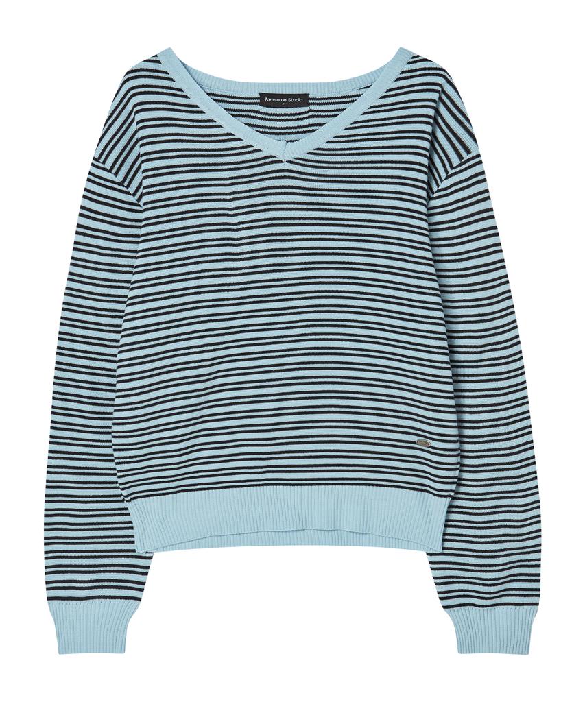 AWESOME STUDIO Classic (Stripe) V-Neck Knit Sky Blue