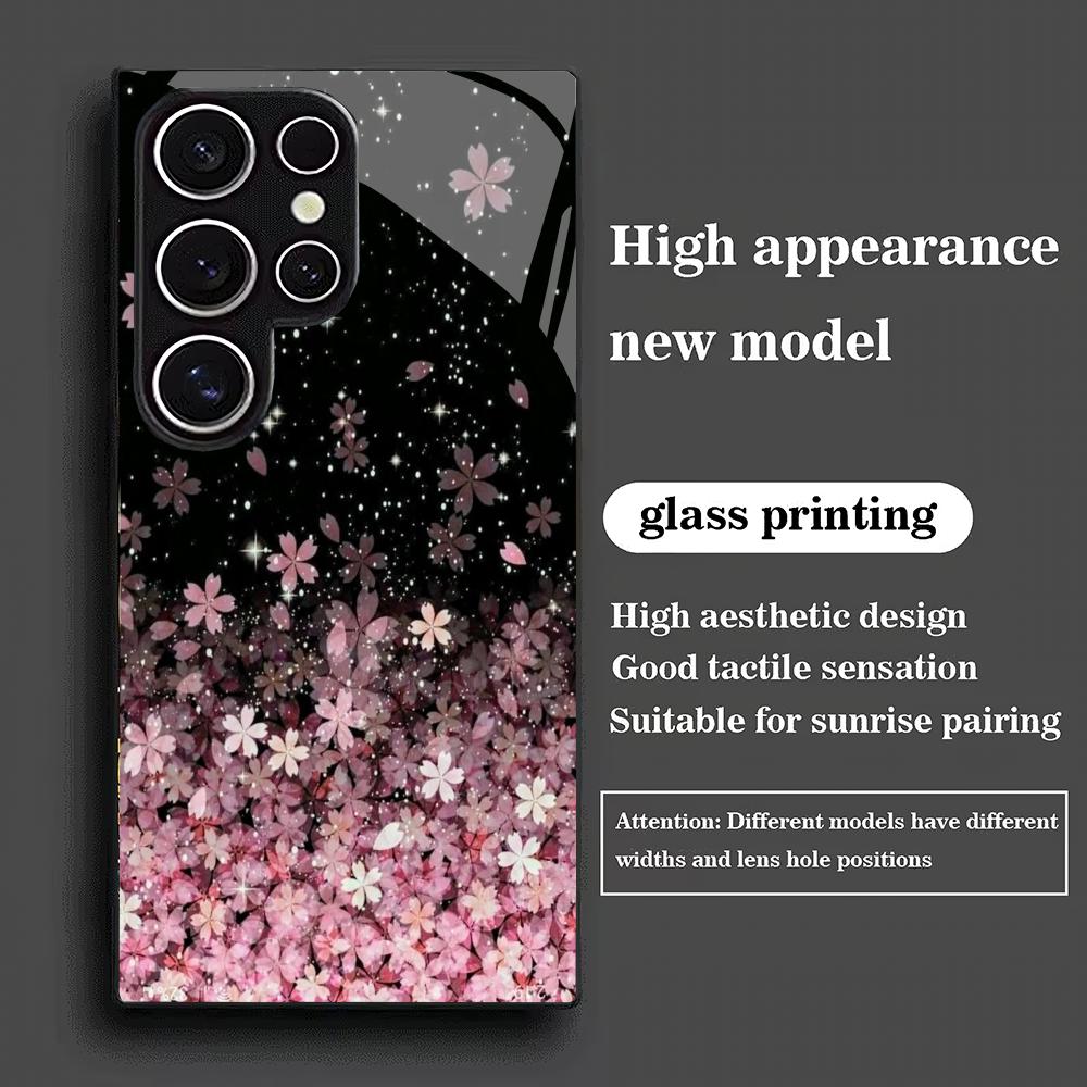 Flower Falling Tempered Glass Phone Case Suitable for Samsung Galaxy S26 S25 S24 S22 S21 S20 FE/Ultra/Plus Anti Fingerprint