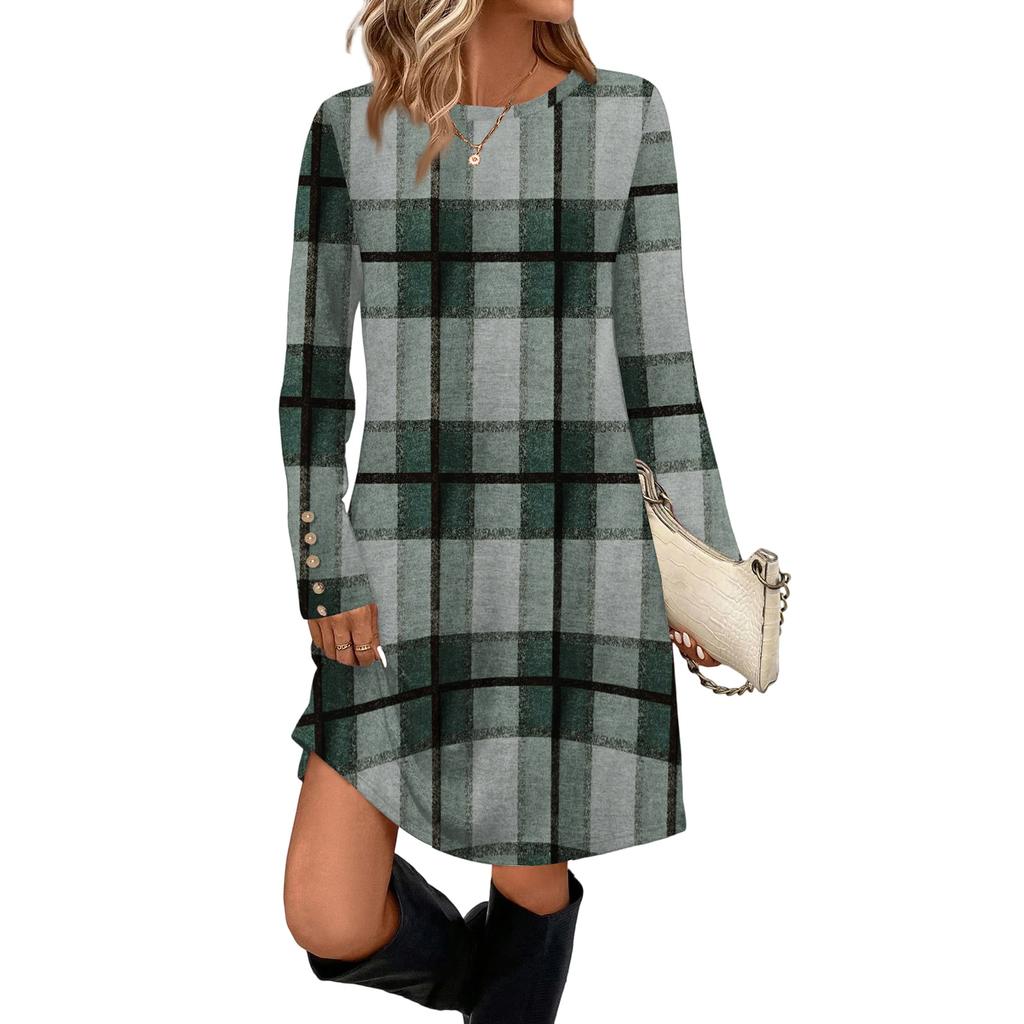 Damenmode Freizeitkleid mit Tasche, dekorativen Knöpfen, Rundhalsausschnitt und langen Ärmeln