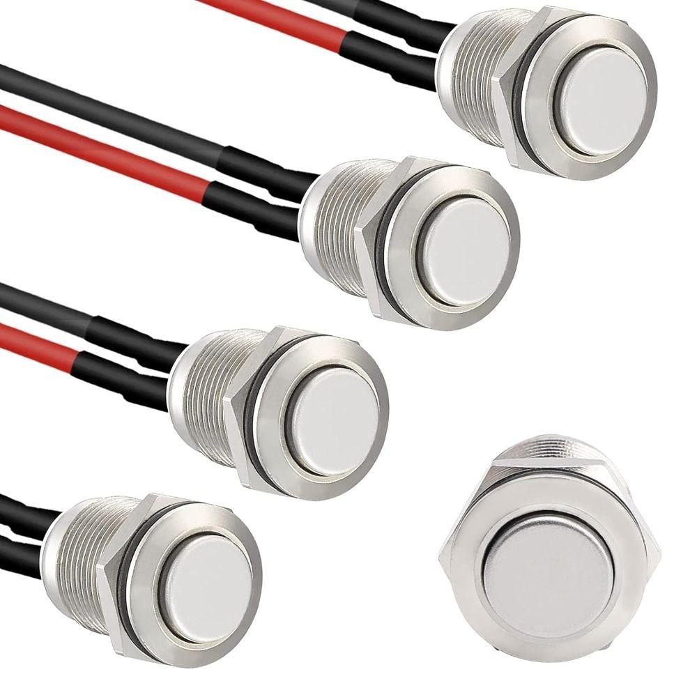 Durable 12mm Momentary Push Button Switch with pre-Wiring Black Shell Stainless Steel 1 Normally Open