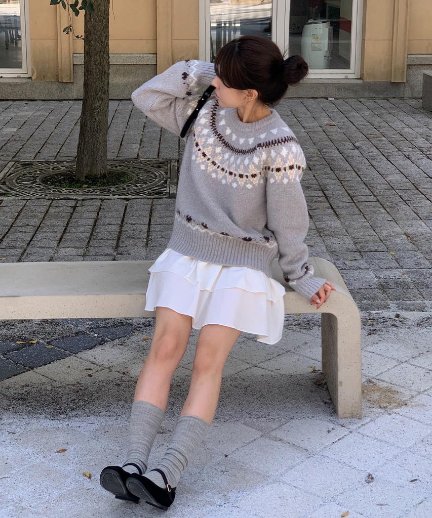 Deuloupisumeon [Drawfit Women X Aloha] Fence Nordic Pullover Knit [L.Grey]