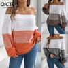 Autumn and Winter Casual Color-blocked Off-the-shoulder Lantern Sleeve Pullover Sweater for Women
