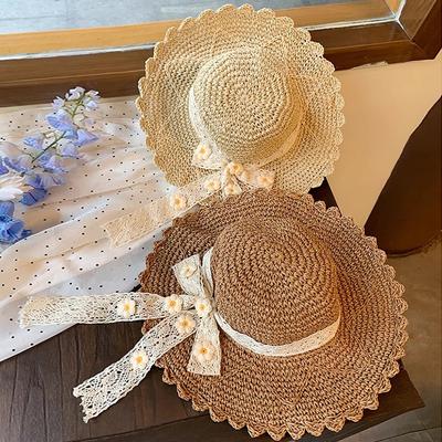 Women's Summer French Style Floral Lace Bowknot Straw Hat Beach Vacation Wide Brim Sun Protection Sun Hat