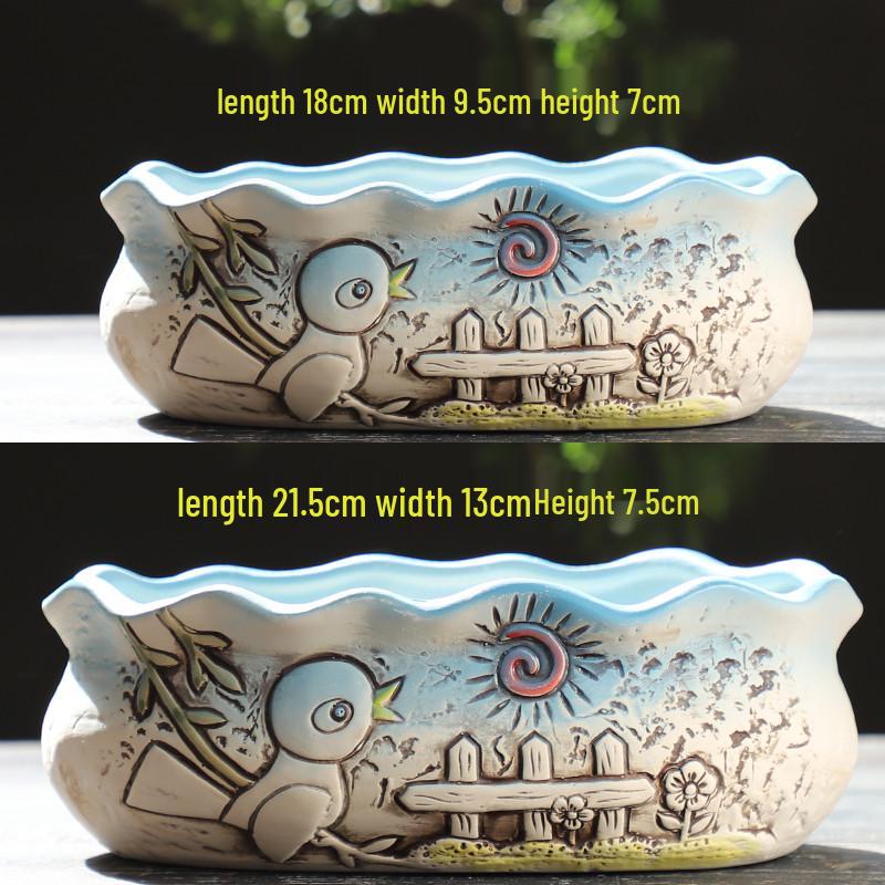 Cartoon Coarse Pottery Large Ceramic Succulent Planter with Picture Book Style