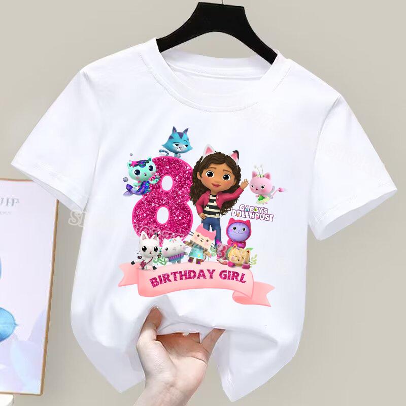 New Gabby Dollhouse Number T-Shirt Simple Basic Cotton Tops Cute Anime Cartoon Print Sweet Girls Birthday Clothes