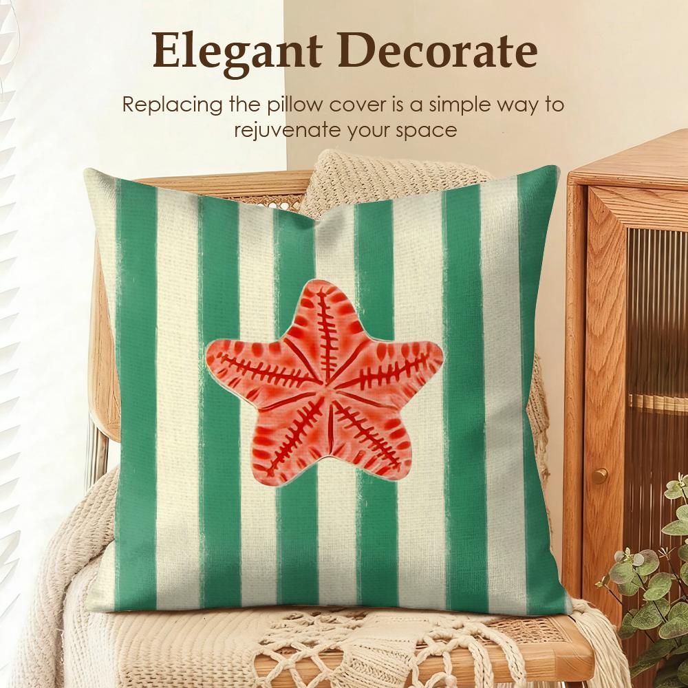 Ocean Life Theme Striped Cushion Cover Natural Linen Organic Fabric Double-Sided Printing Sofa Home Decor Gift Pillow Case