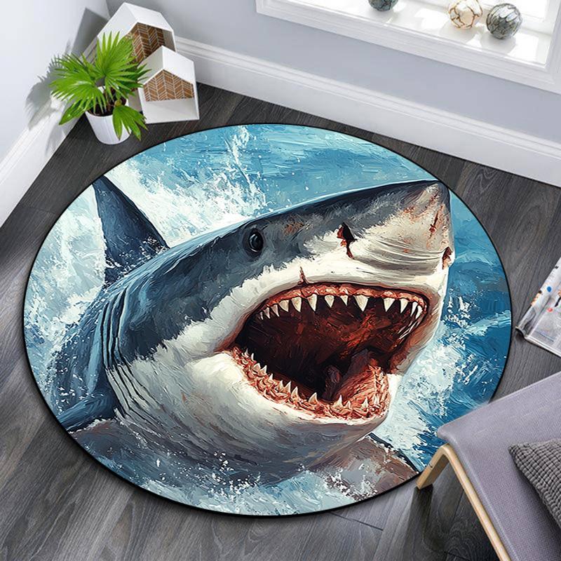 Shark Attack Round Area Rug,Carpet Rug for Living Room Bedroom Sofa Playroom Decor,Non-slip Floor Mat