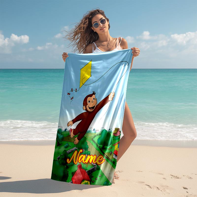 Personalized customized proof beach towel with Curious George pattern - soft, absorbent, quick-drying, perfect swimming, camping&bathing