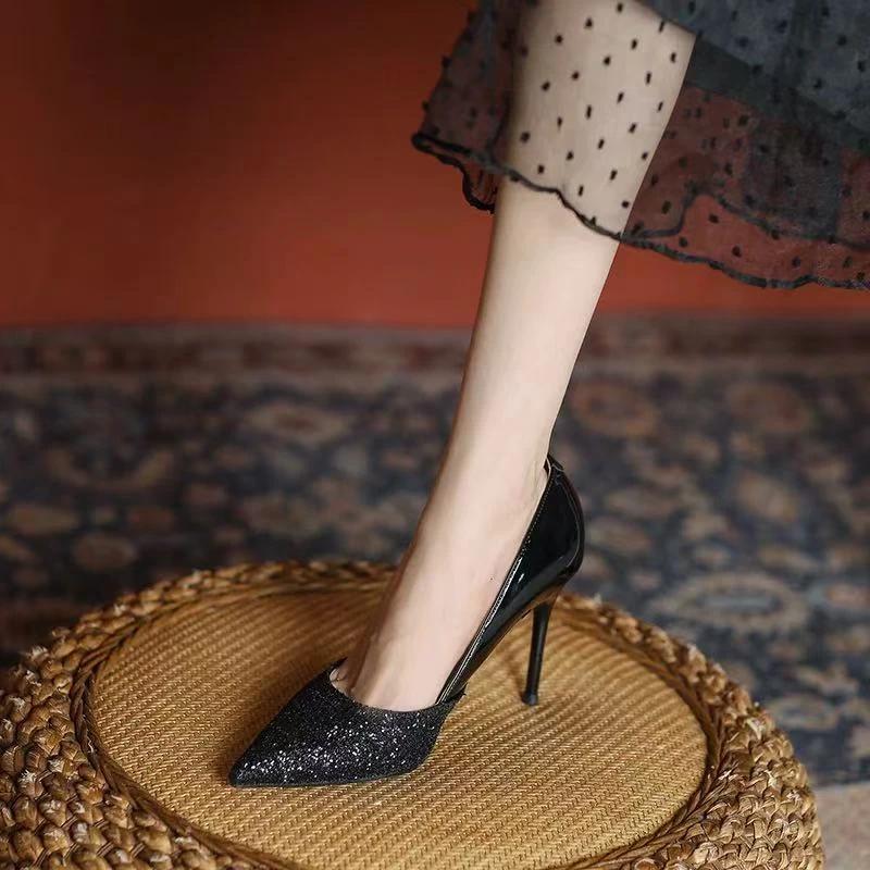 Shoes Female 2025 Slip On Women's High Heel Fashion Dress Pumps Women Pointed Toe Bling Thin Heels Shallow Shoes Women Zapatos