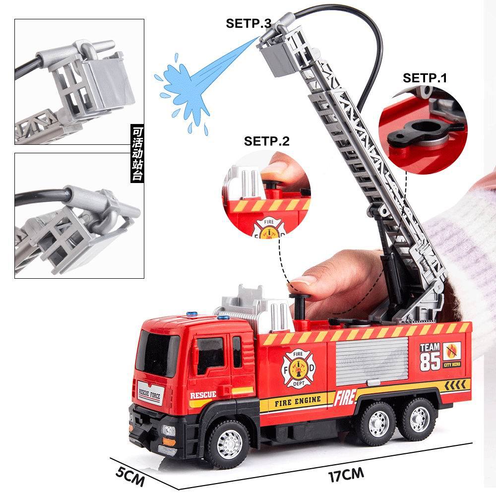 New 1:50 Alloy Fire Truck Die-casting Simulation Water Spraying Car Toy with Lights and Music, Water Spraying Rescue Car Toy