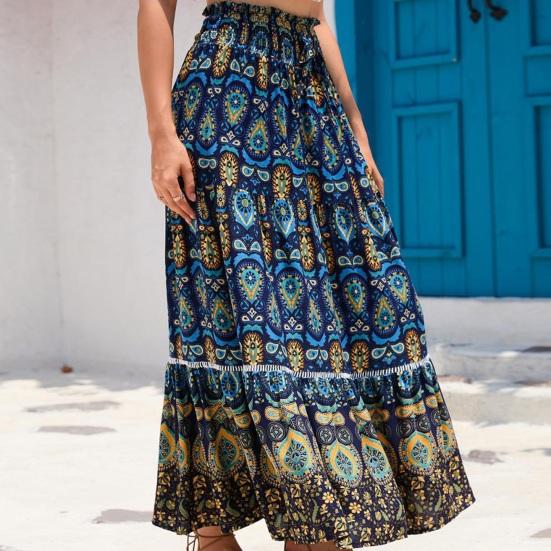 Boho Floral Prints Maxi Skirt for Women Elastic High Waist A Line Large Hem Skirt for Beach Party Holiday