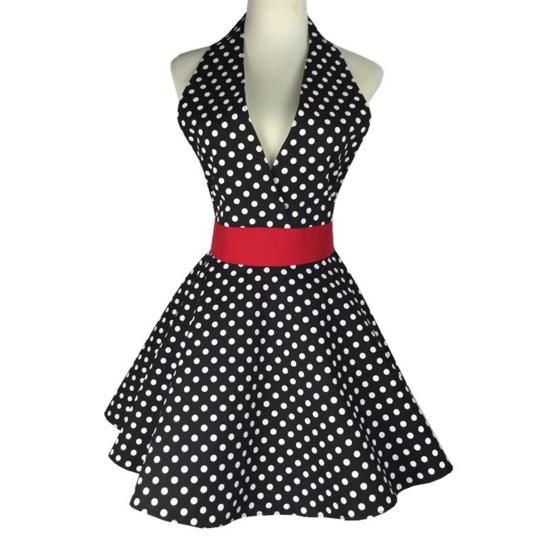 Retro Cute Apron for Women V-Necked Polka Dot Sexy Adjustable Cotton Kitchen Apron with Ties for Home Work Use