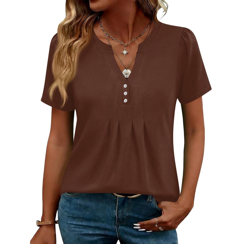 Womens Tops Dressy Casual V Neck Short Sleeve Shirts Pleated Blouses Button Down Tunic