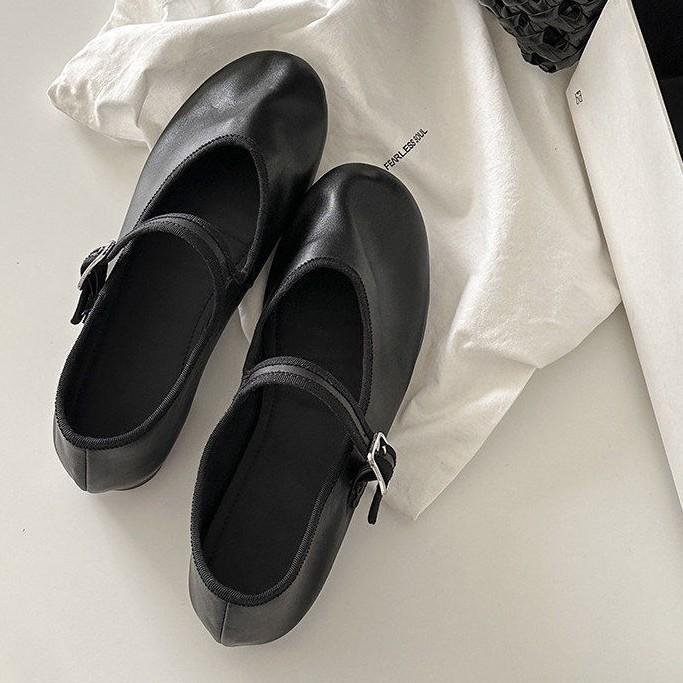 Soft leather French minimalist round head shallow mouth Mary Jane women's shoes one-word buckle strap flat ballet shoes commuter shoes
