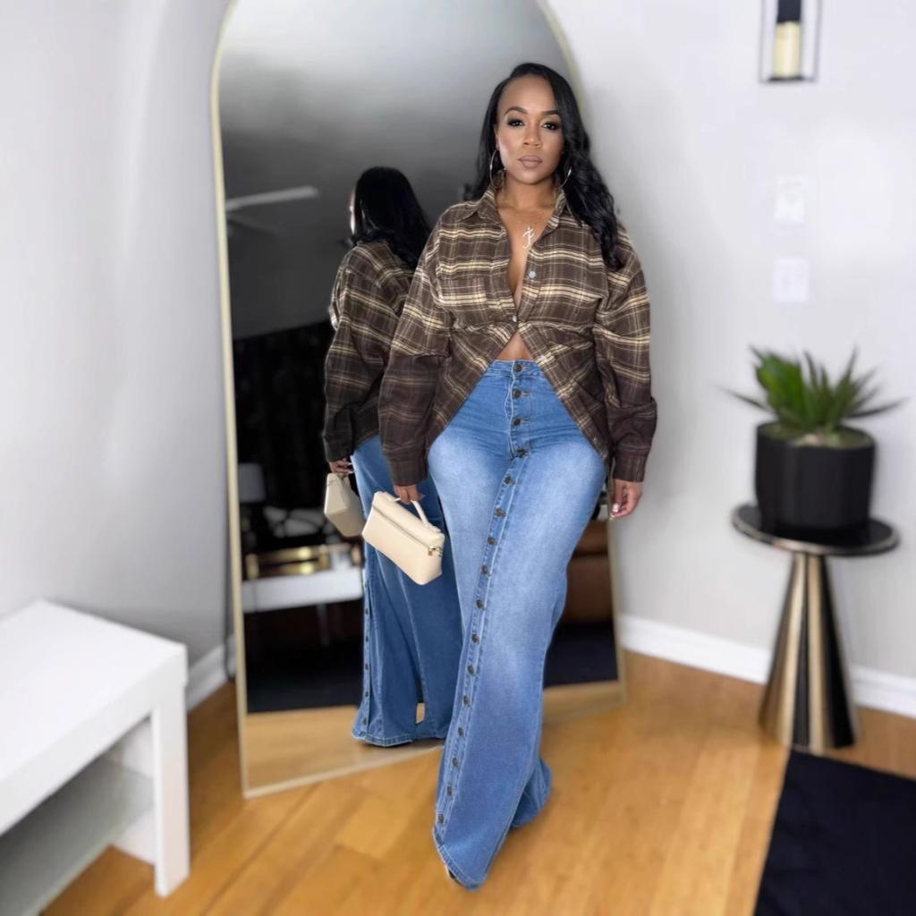 Women's Mid Rise Straight Leg Multi Button Loose Fit Streetwear Wide Leg Denim Trousers For Spring Casual Daily Outfits