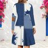 Women Plus Size V Neck Long Sleeve Tie Dye Printed Blue White A Line Dress