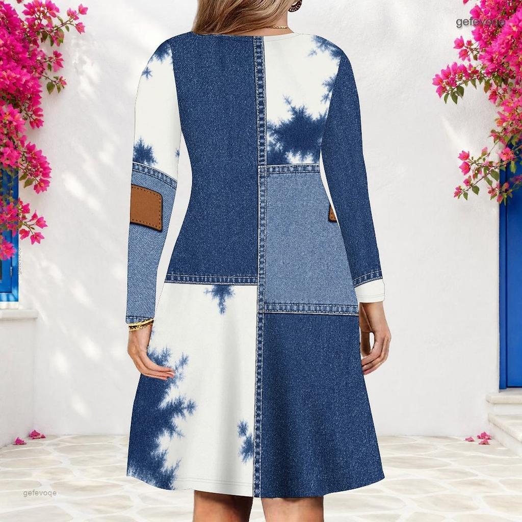 Women Plus Size V Neck Long Sleeve Tie Dye Printed Blue White A Line Dress