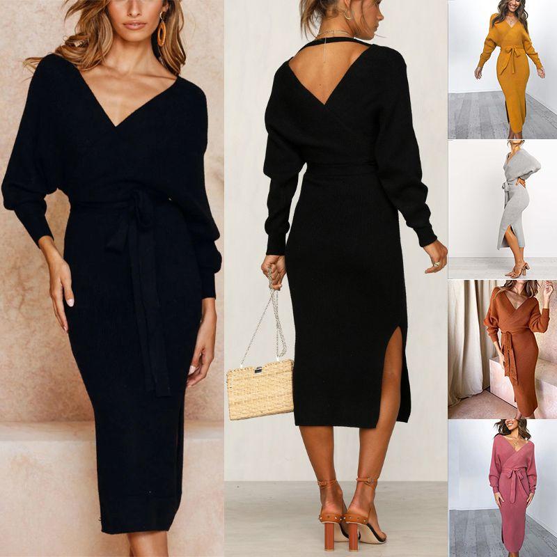 Elegante Dames Winter Diepe V-hals Gebreide Trui Jurk Met Gezellige Lange Mouwen