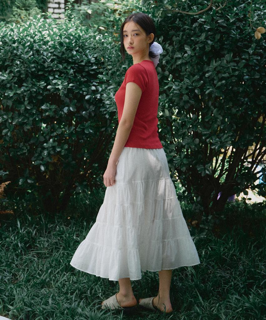 Ridge Shirred Long Tiered Skirt (Off-White)