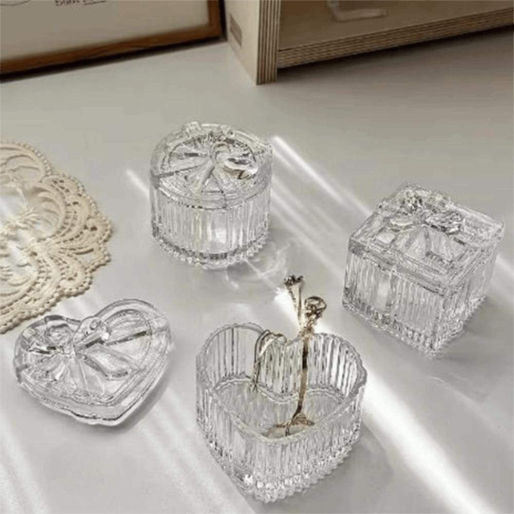 3Pcs Transparent Crystal Glass Jewelry Storage Box Heart-Shaped Decorative Ring Earrings Gift Boxes with Lid Exquisite