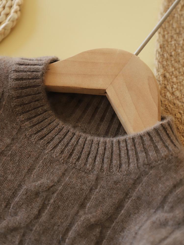 Unisex Children's Wool Sweater, Autumn/Winter 2025 - Solid Color Cable Knit Pullover with Round Neck