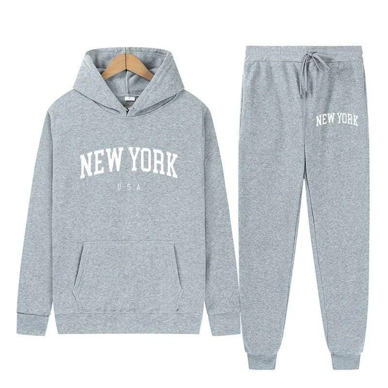New York Letter U.S.A City Hoodies + Pants 2 Pieces Sets Men Fashion Sweatshirts Women Casual Hooded Pullovers Sportwear Suit