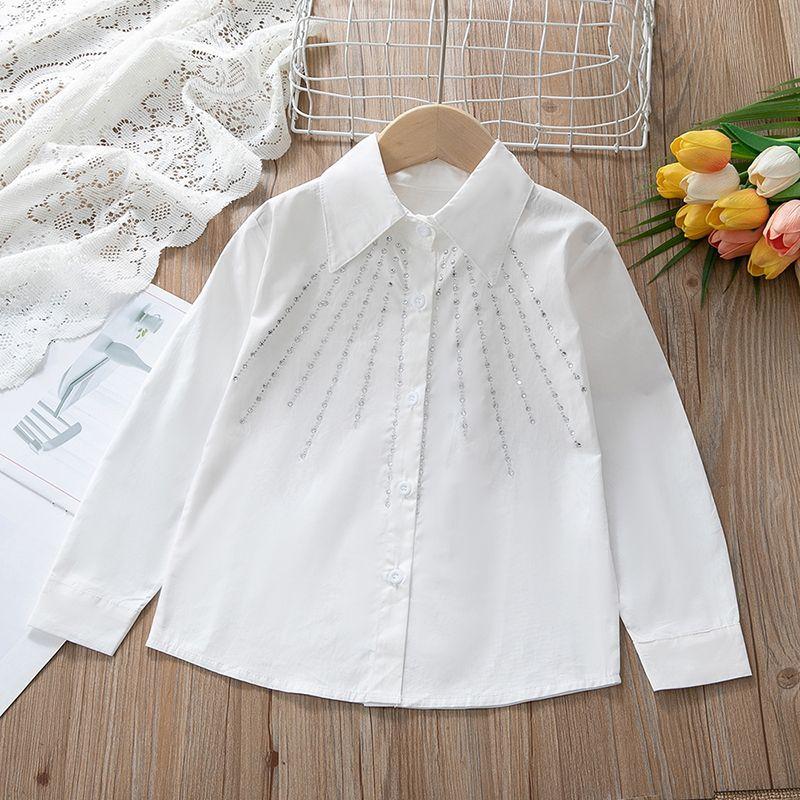 Girls' Long-Sleeve Shirt: Children's Preppy-Style 100% Cotton White Collared Shirt