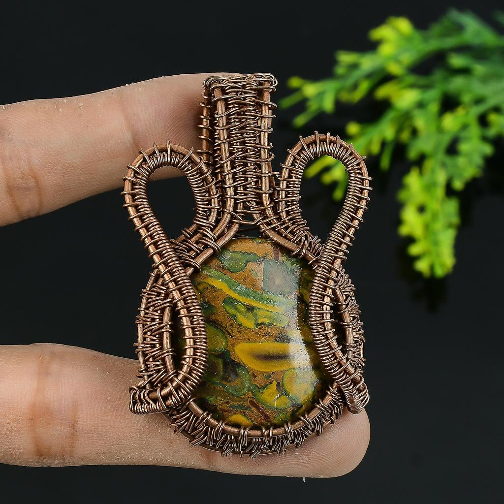 Natural Bamboo Jasper Gemstone Handmade Copper Wire Wrap Pendant 2.25 Z4e46