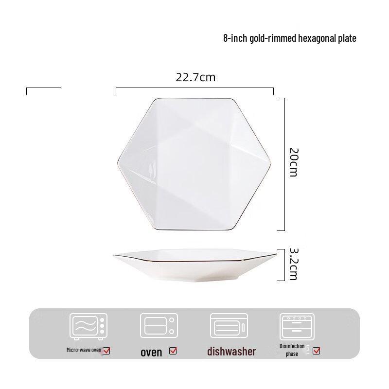 ZISIZ 8-Zoll Goldrand Sechseckiger Keramik-Speiseteller (3 Pack)
