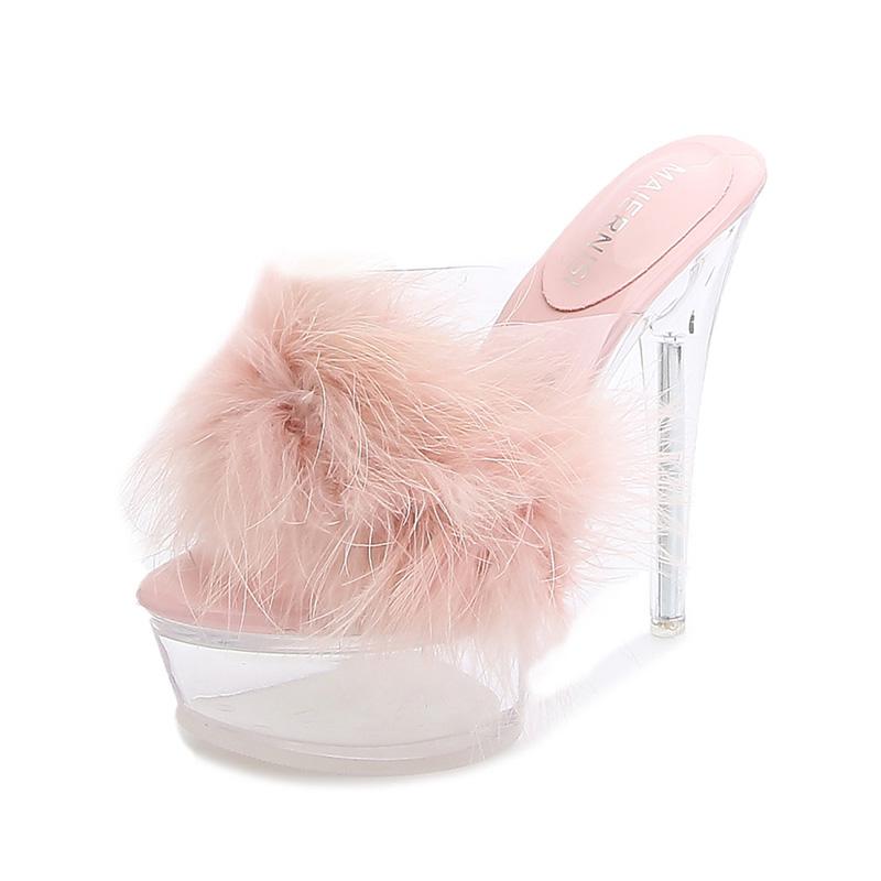 Dámské boty na jehlách Transparentní Crystal Furry Sexy módní sandály 14 cm Podpatek 4 cm Platforma WZ