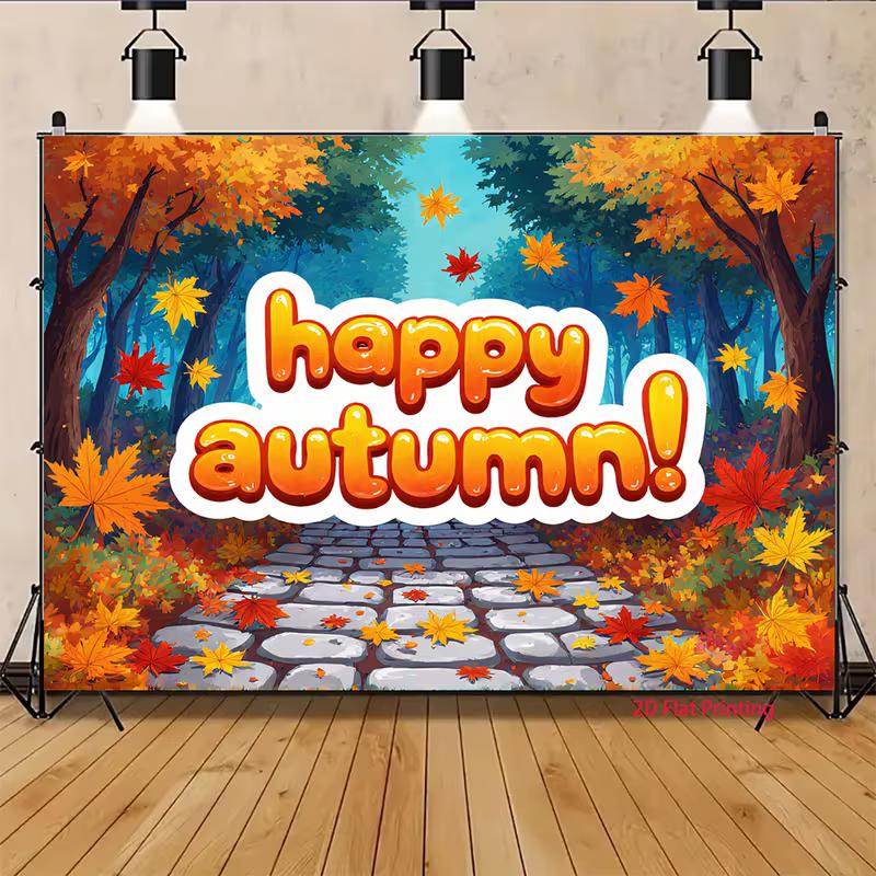 2D Herbstwald-Kulisse Glücklicher Herbst Ahornblatt Steinweg Hintergrund für Erntefest-Banner
